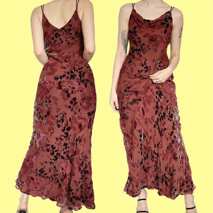 Stunning silk blend brown leafy print slip evening dress UK 14