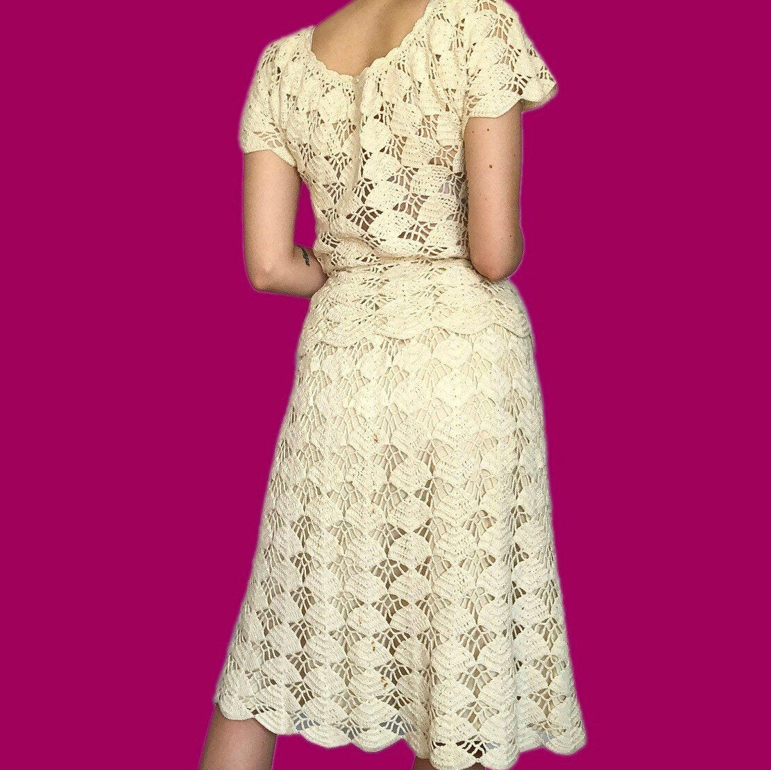 Beautiful handmade vintage cream crochet 2 piece skirt/top suit set UK S