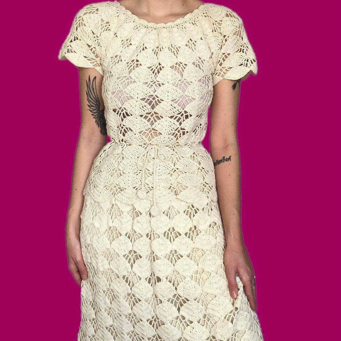 Beautiful handmade vintage cream crochet 2 piece skirt/top suit set UK S