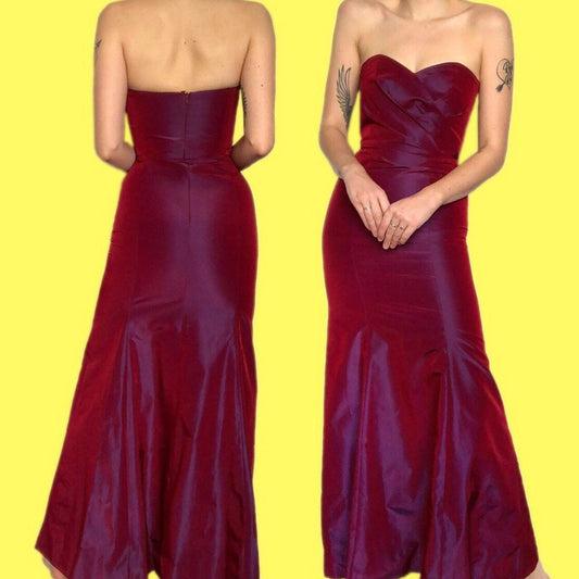 Beautiful silky iridescent burgundy strapless evening prom dress UK 12