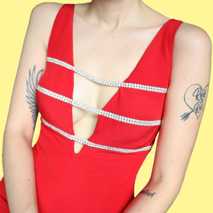 Beautiful red diamanté detail evening prom dress UK 12