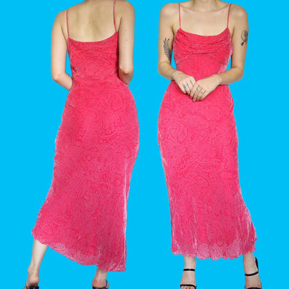 The cutest pink velvet print evening slip dress UK 12