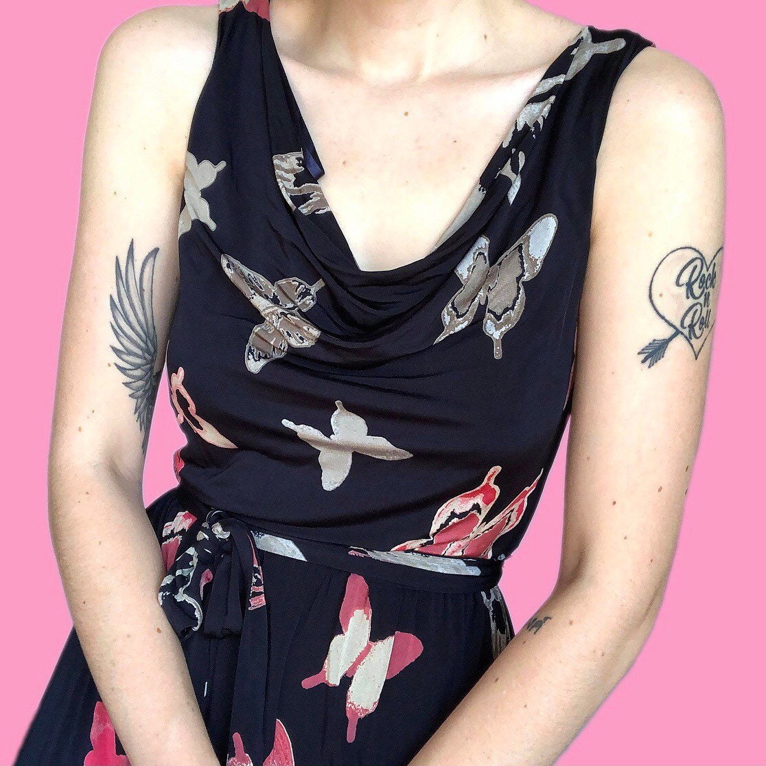 Beautiful Laura Ashley butterfly print stretch maxi evening prom dress UK 10 EU 38