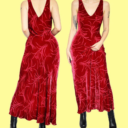 Stunning vintage red velvet floral maxi evening dress UK 12 EU 40