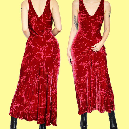 Stunning vintage red velvet floral maxi evening dress UK 12 EU 40