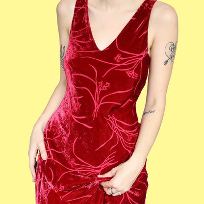 Stunning vintage red velvet floral maxi evening dress UK 12 EU 40