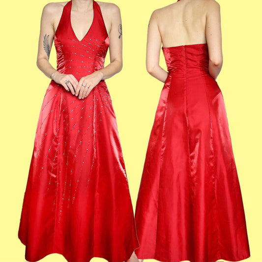 Beautiful silky red halter neck evening prom dress UK 10