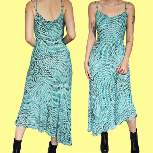 Beautiful teal funky print chiffon slip evening dress UK 16