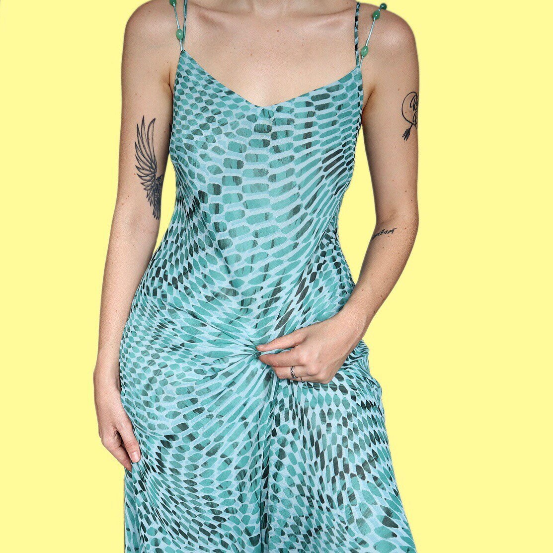 Beautiful teal funky print chiffon slip evening dress UK 16