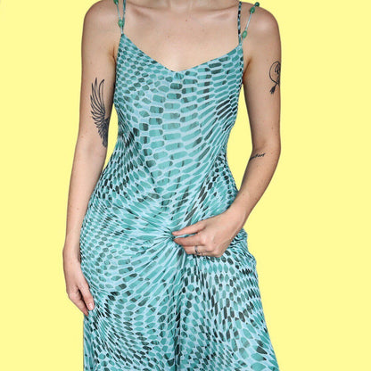 Beautiful teal funky print chiffon slip evening dress UK 16