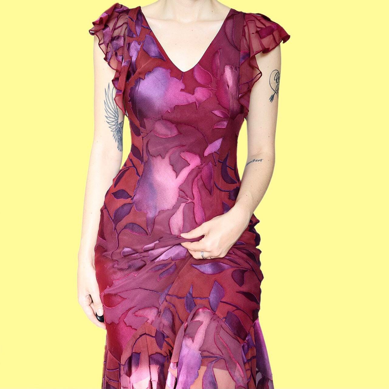 Beautiful vintage frilly floral midi party evening dress UK 10