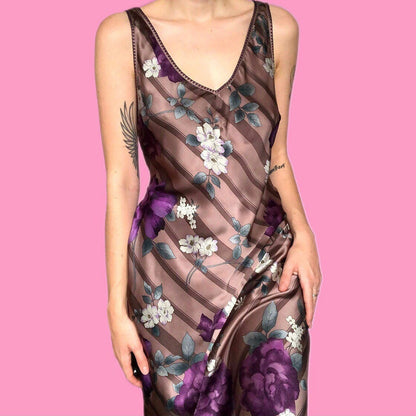 Stunning Monsoon 100% silk stripey floral print midi slip dress UK 14 EU 42