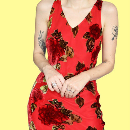Beautiful silk blend red velvet floral evening dress UK 12