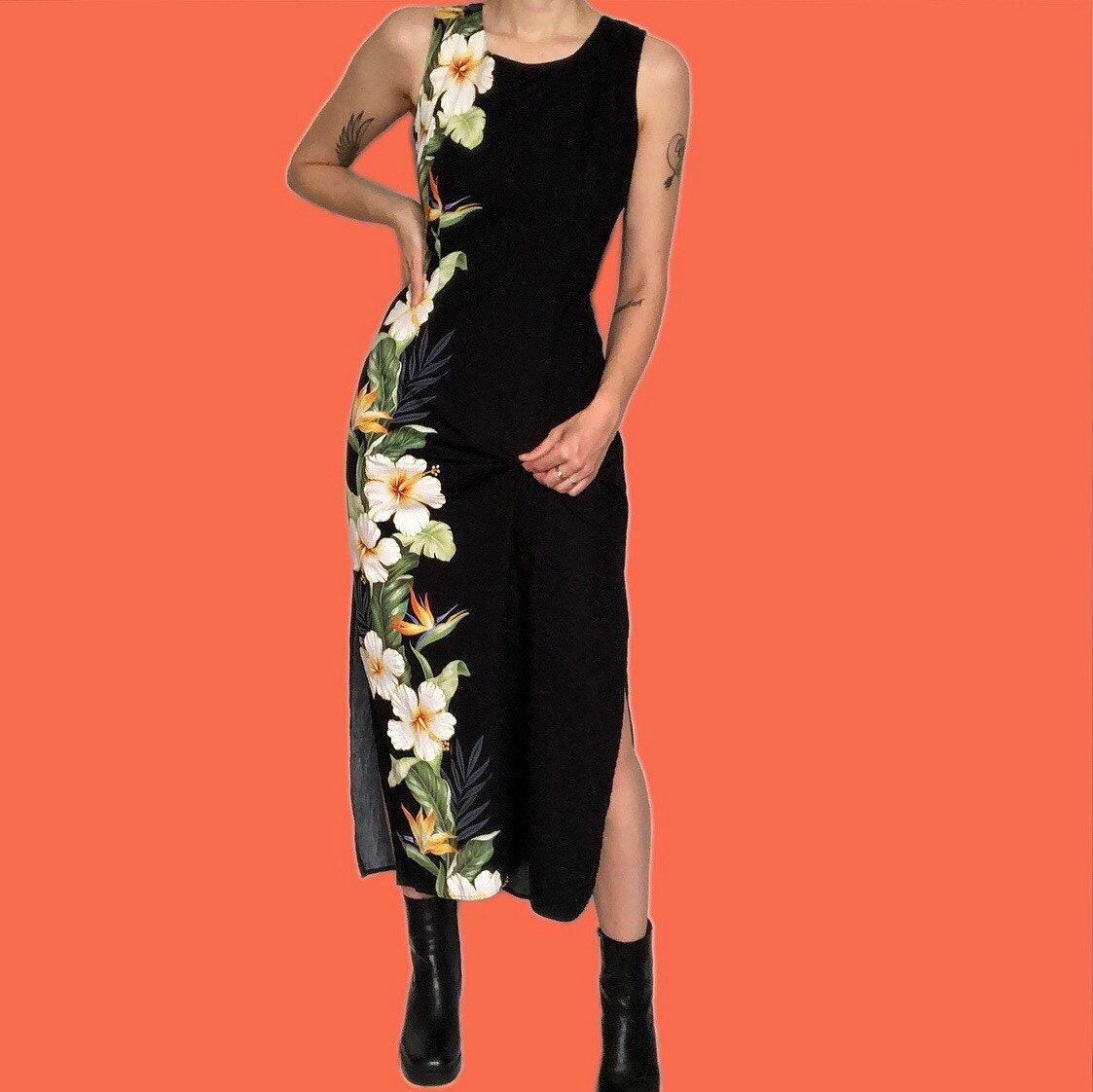 Beautiful tropical floral 100% cotton black maxi dress UK L
