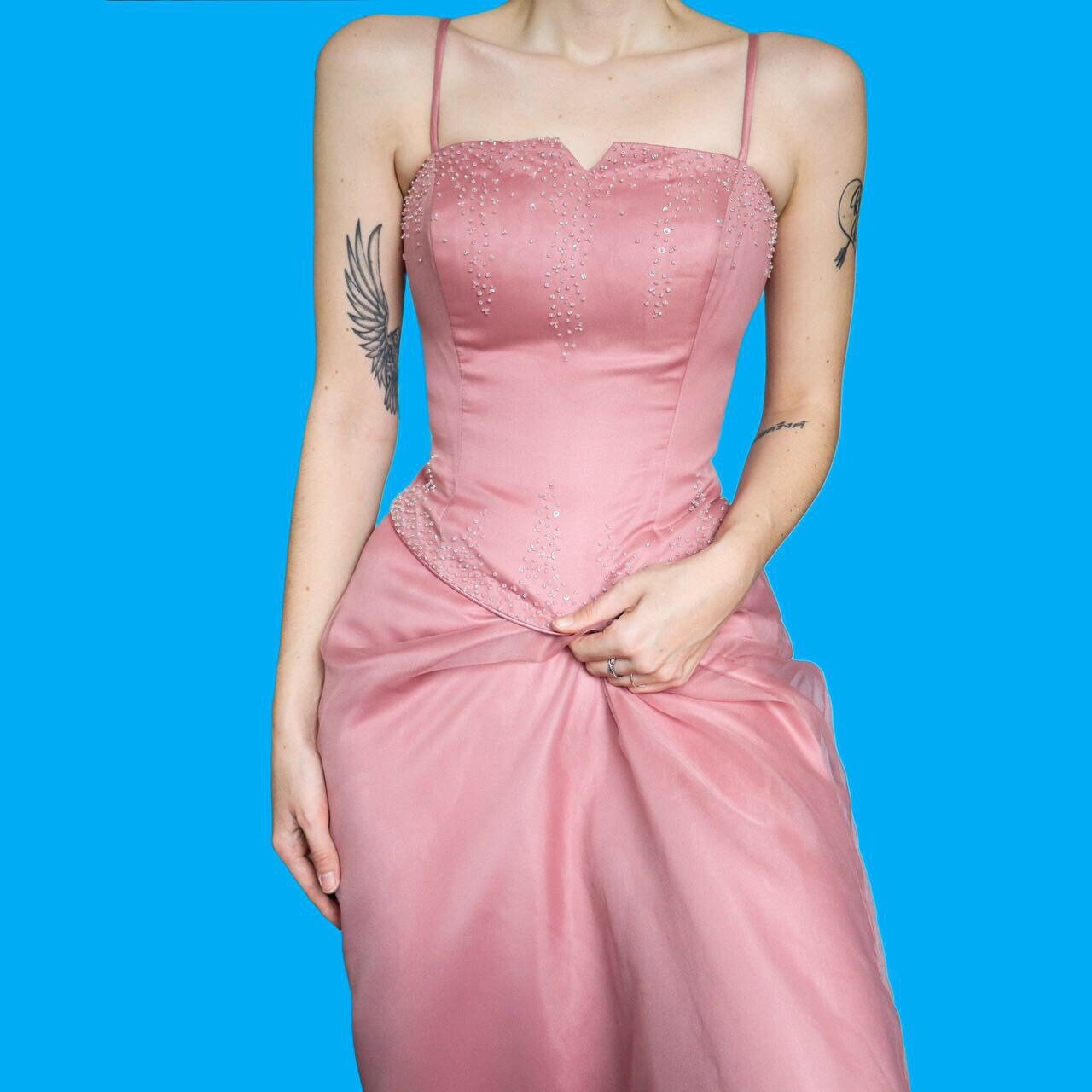 Stunning vintage Hilary Morgan dusky pink a-line evening prom ball gown UK 14