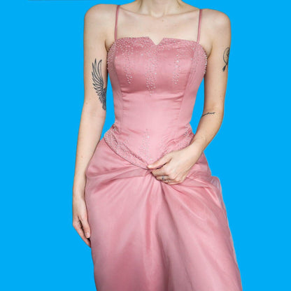 Stunning vintage Hilary Morgan dusky pink a-line evening prom ball gown UK 14