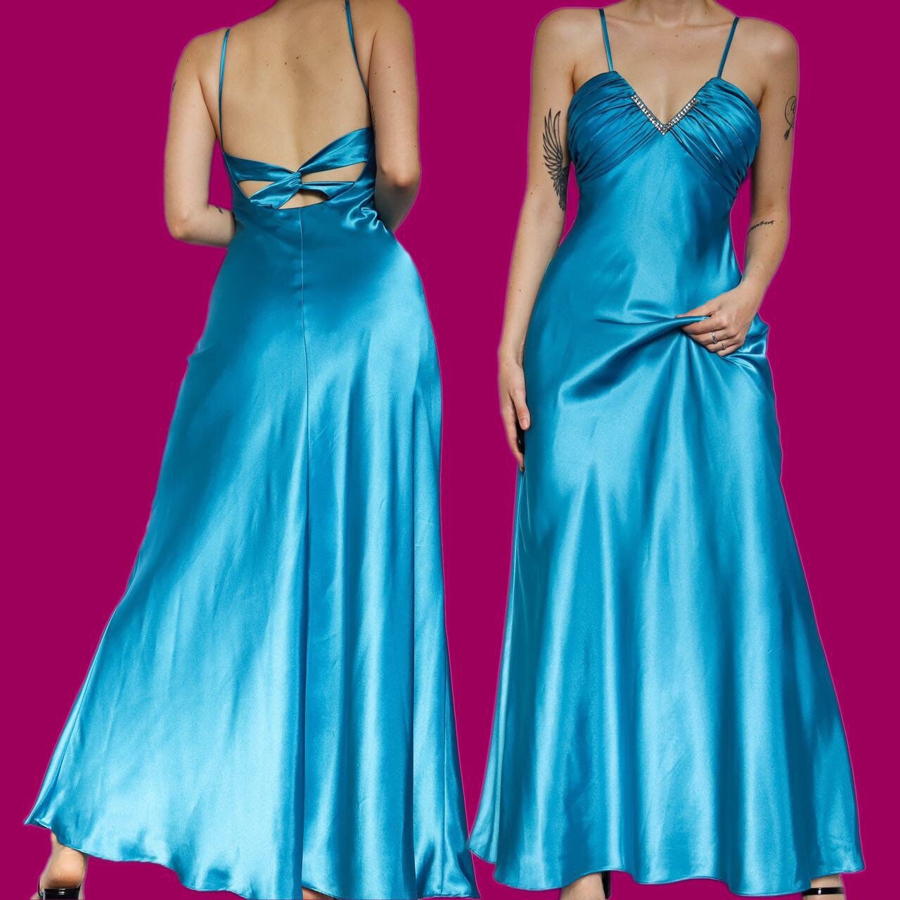 Beautiful silky sapphire diamanté evening dress UK 12
