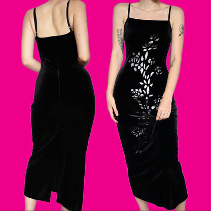 Stunning black velvet stretch floral detail midi evening party dress UK 12 EU 40