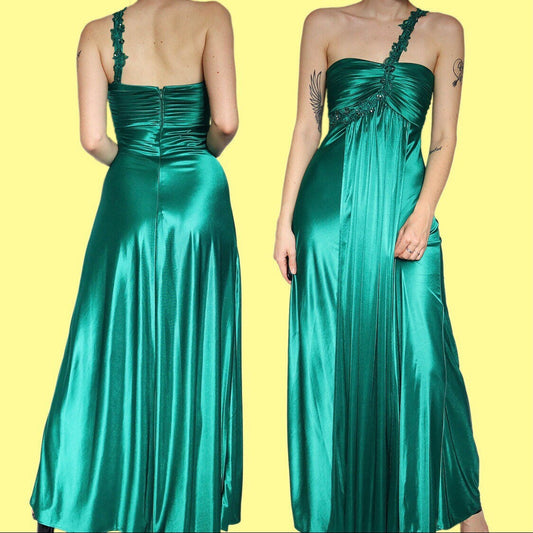 Beautiful silky green one strap stretch evening prom dress UK 10