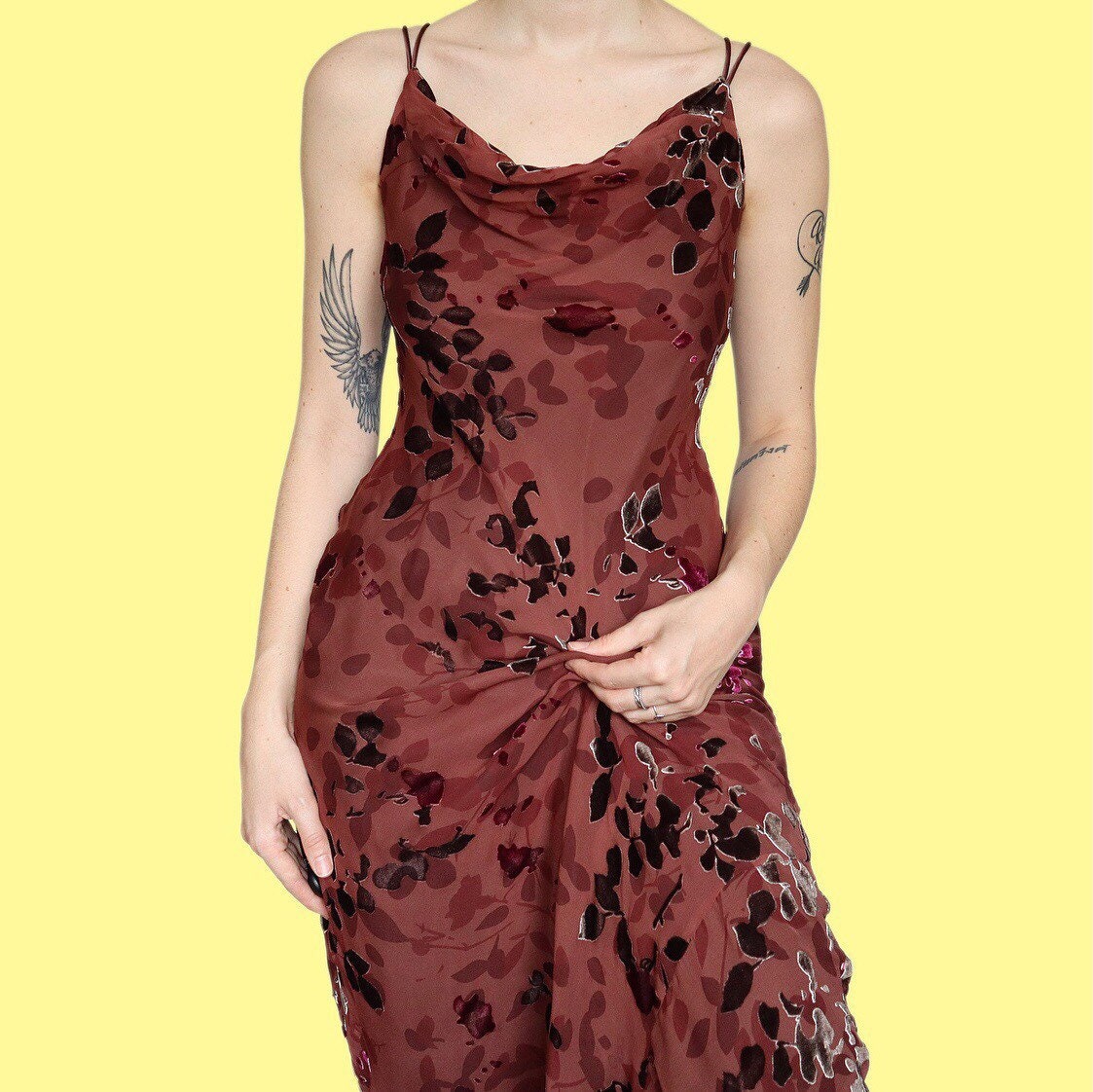 Stunning silk blend brown leafy print slip evening dress UK 14
