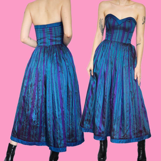 Stunning Monsoon Twilight stripe 100% pure silk midi evening dress UK 10