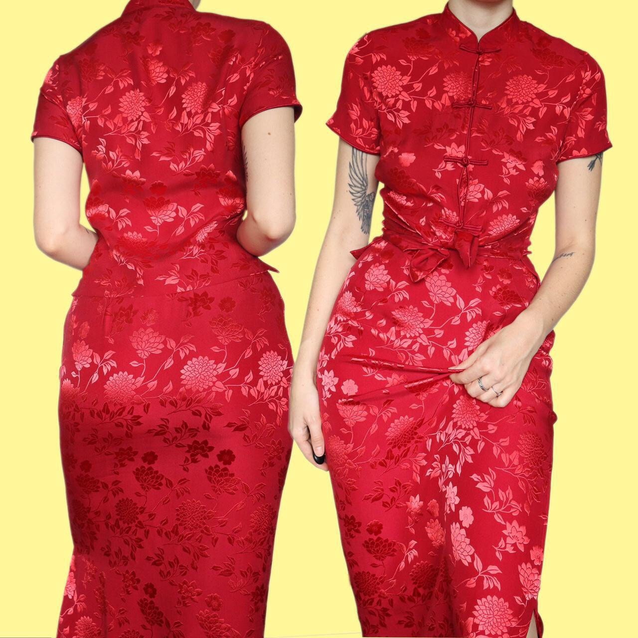 Beautiful vintage Monsoon red silk blend floral 2 piece top/skirt set UK 8-10