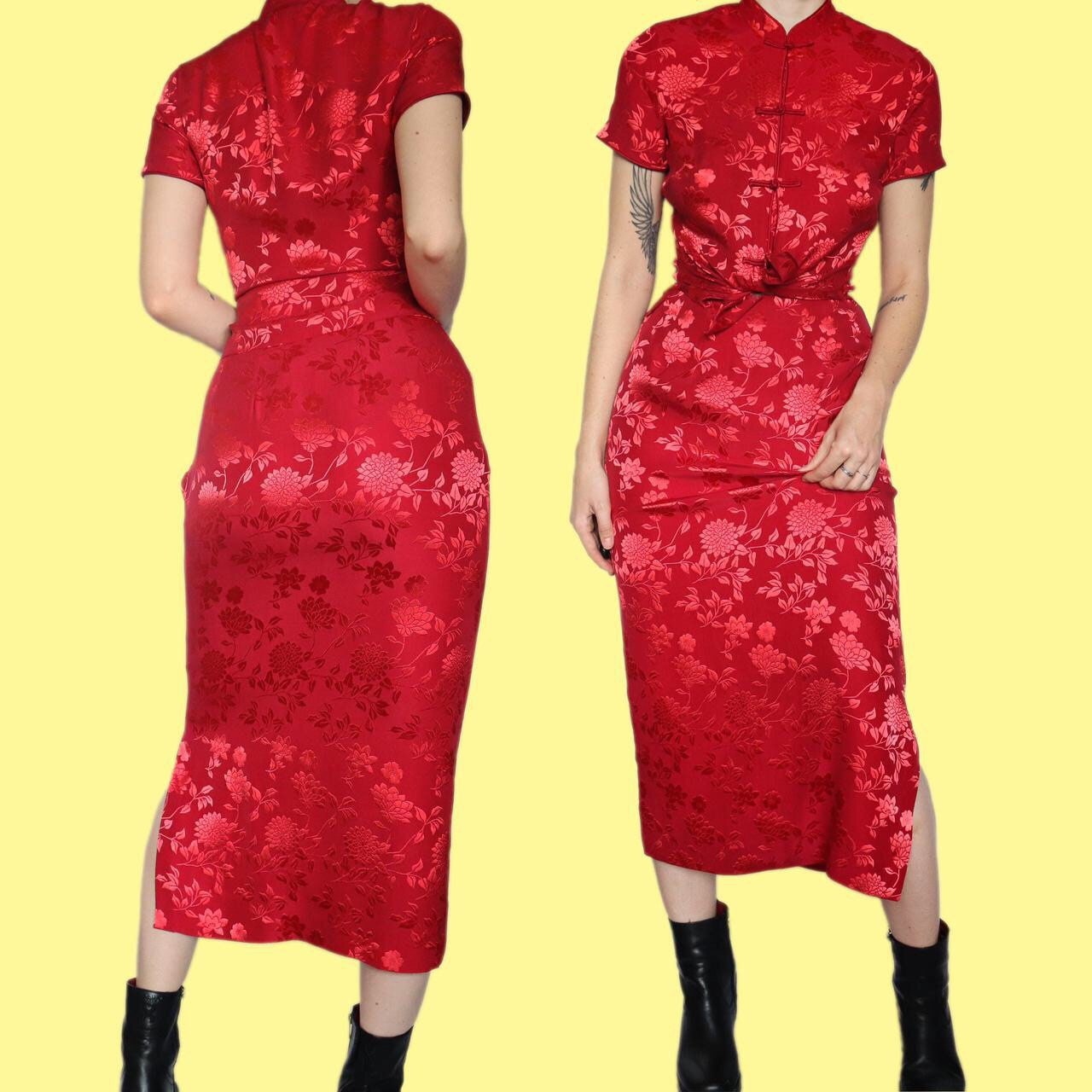 Beautiful vintage Monsoon red silk blend floral 2 piece top/skirt set UK 8-10