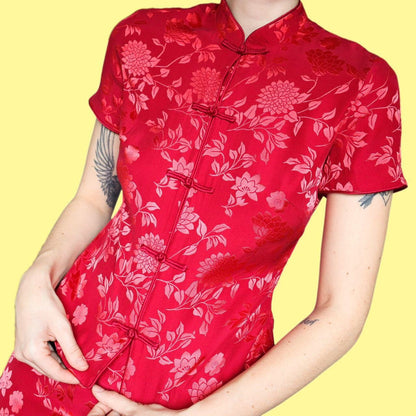 Beautiful vintage Monsoon red silk blend floral 2 piece top/skirt set UK 8-10