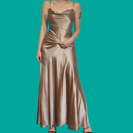 Beautiful 100% silk gold satin slip evening prom dress UK 16