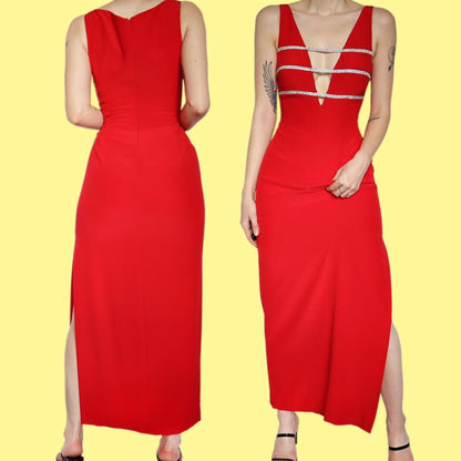 Beautiful red diamanté detail evening prom dress UK 12