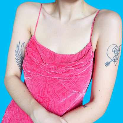 The cutest pink velvet print evening slip dress UK 12