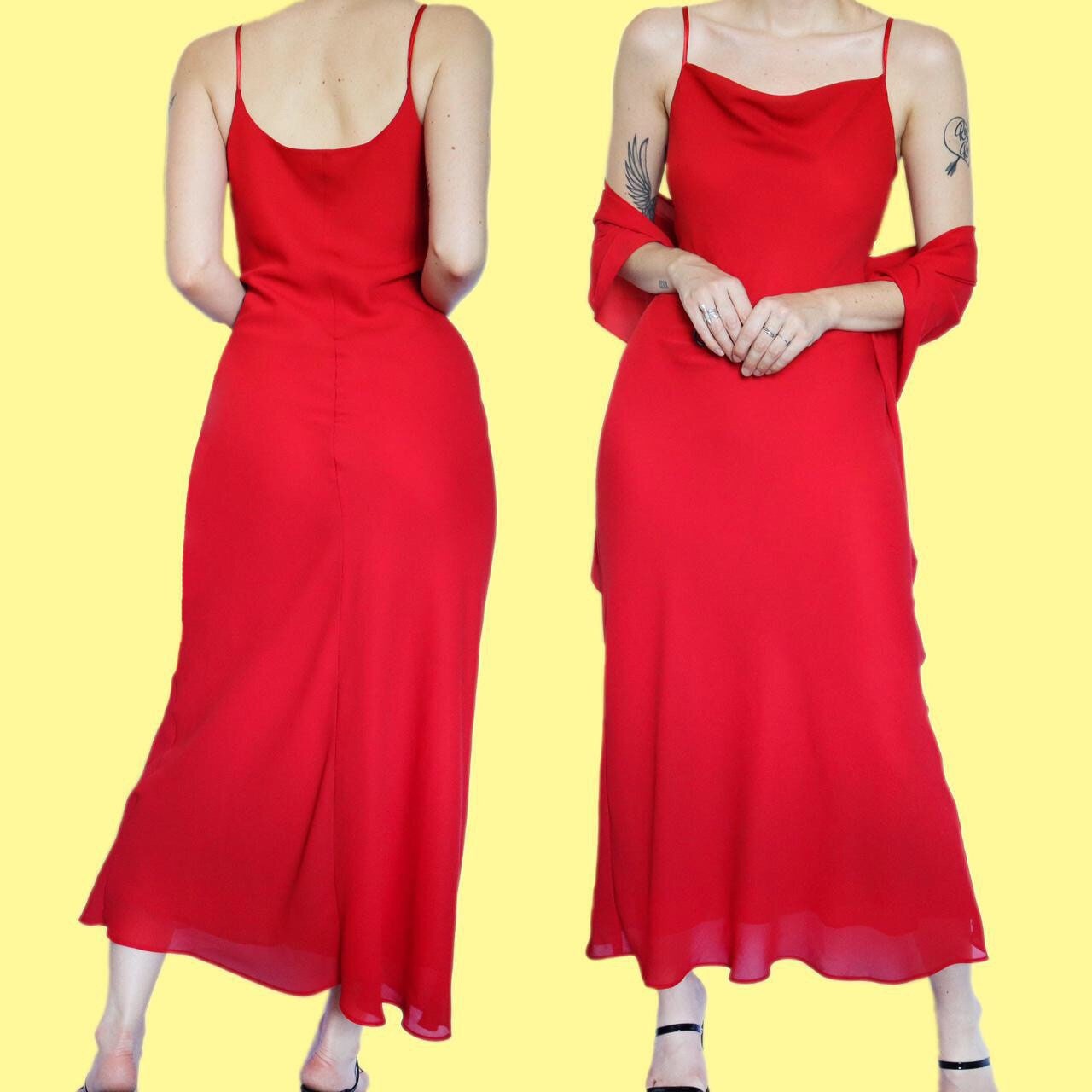 Beautiful bright red chiffon slip evening dress with shawl UK 14