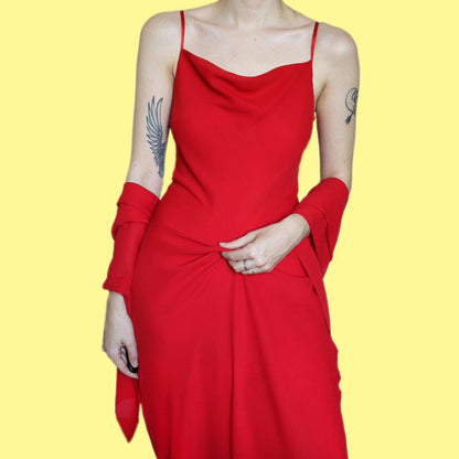 Beautiful bright red chiffon slip evening dress with shawl UK 14