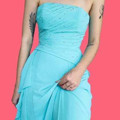 Beautiful vintage blue a-line chiffon evening prom dress UK 10