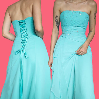 Beautiful vintage blue a-line chiffon evening prom dress UK 10