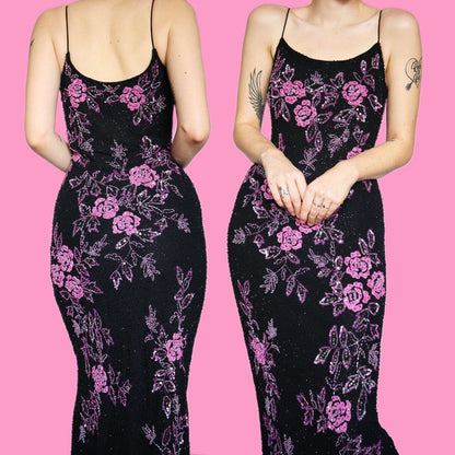 Beautiful vintage John Charles beaded floral evening prom dress UK 10