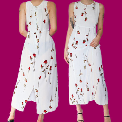 Stunning vintage white rose print summer midi dress UK 14