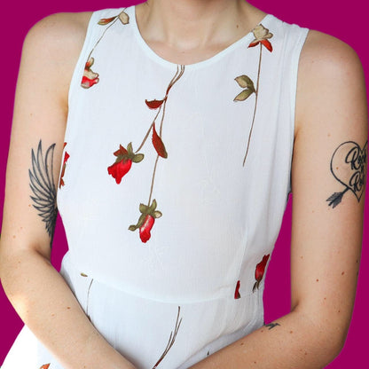 Stunning vintage white rose print summer midi dress UK 14