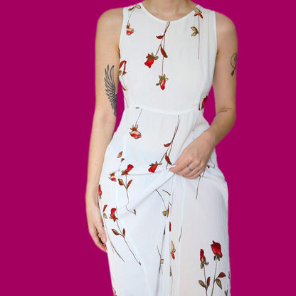 Stunning vintage white rose print summer midi dress UK 14
