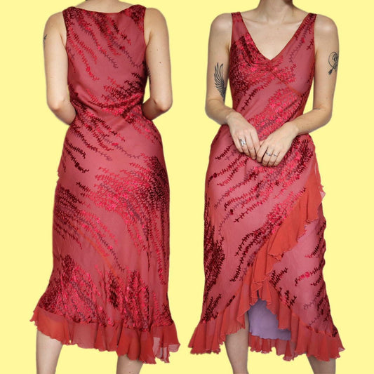 Beautiful silk blend floral print frilly evening party dress UK 10