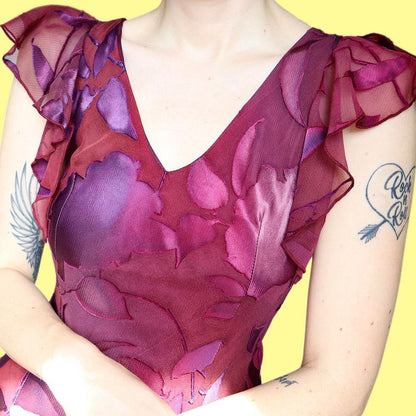 Beautiful vintage frilly floral midi party evening dress UK 10