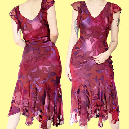 Beautiful vintage frilly floral midi party evening dress UK 10