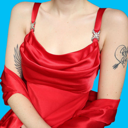 Beautiful vintage diamanté red evening dress with matching shawl UK 16