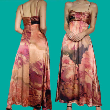 Beautiful 100% silk floral a-line evening dress UK 8