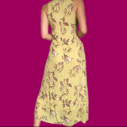 Beautiful vintage yellow floral midi dress UK S