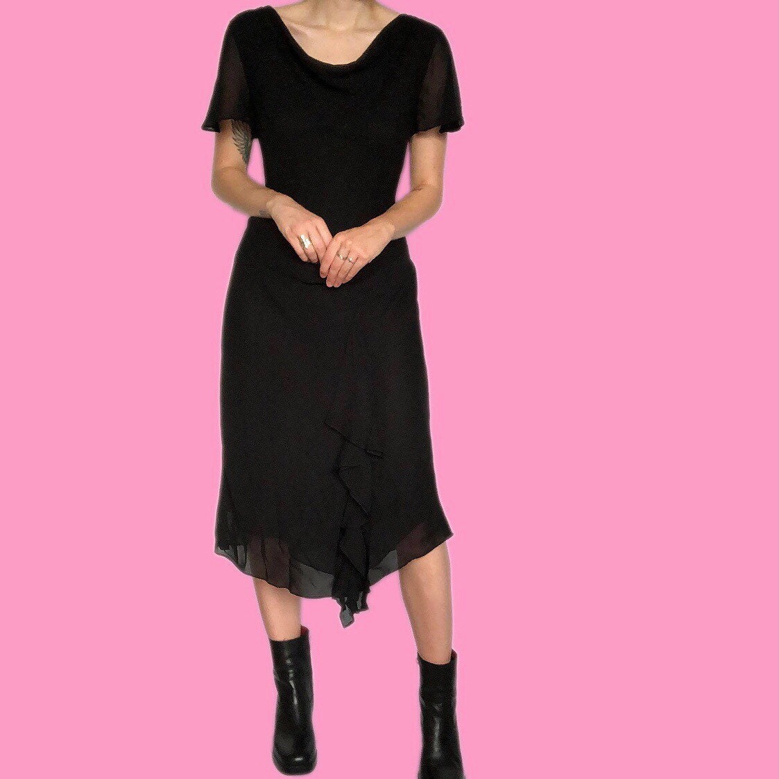 Chic vintage black chiffon midi dress UK 12