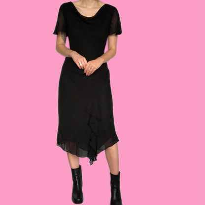 Chic vintage black chiffon midi dress UK 12