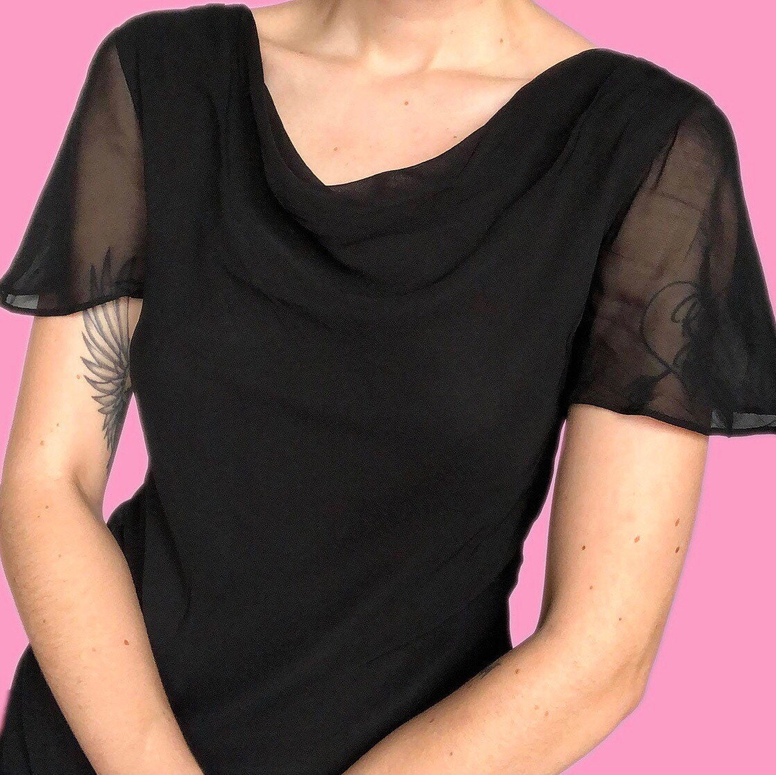 Chic vintage black chiffon midi dress UK 12