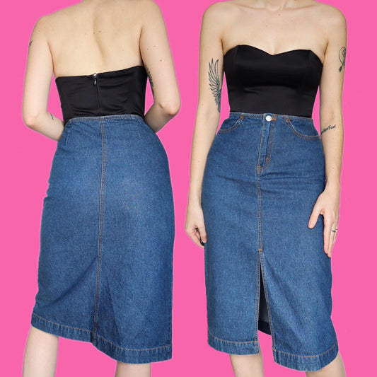 Super cute vintage blue denim midi skirt UK 10