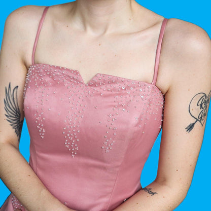 Stunning vintage Hilary Morgan dusky pink a-line evening prom ball gown UK 14